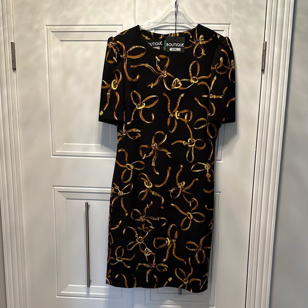 New Moschino Brownish Black and Gold Short Sleeve Dress